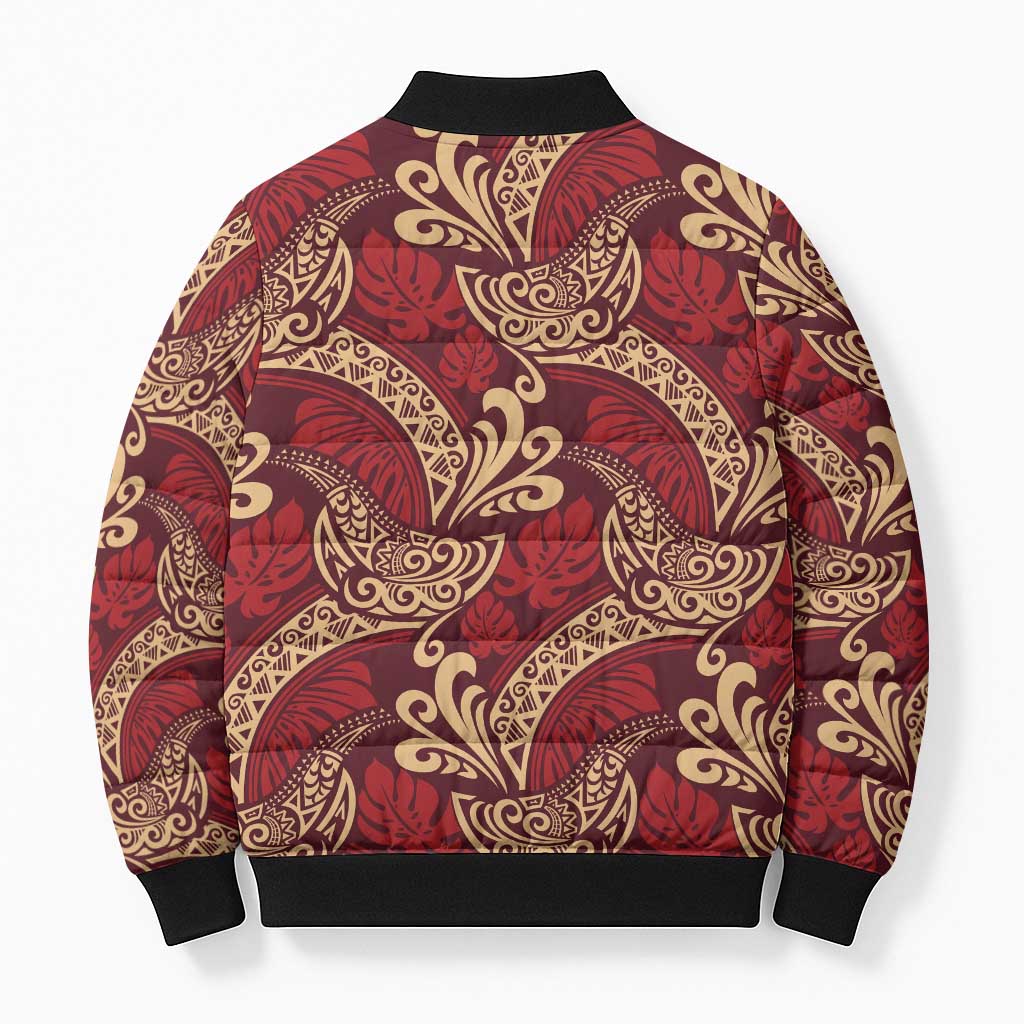 Luxury Red Monstera Bomber Puffer Jacket Polynesian Tribal Pattern - Polynesian Pride