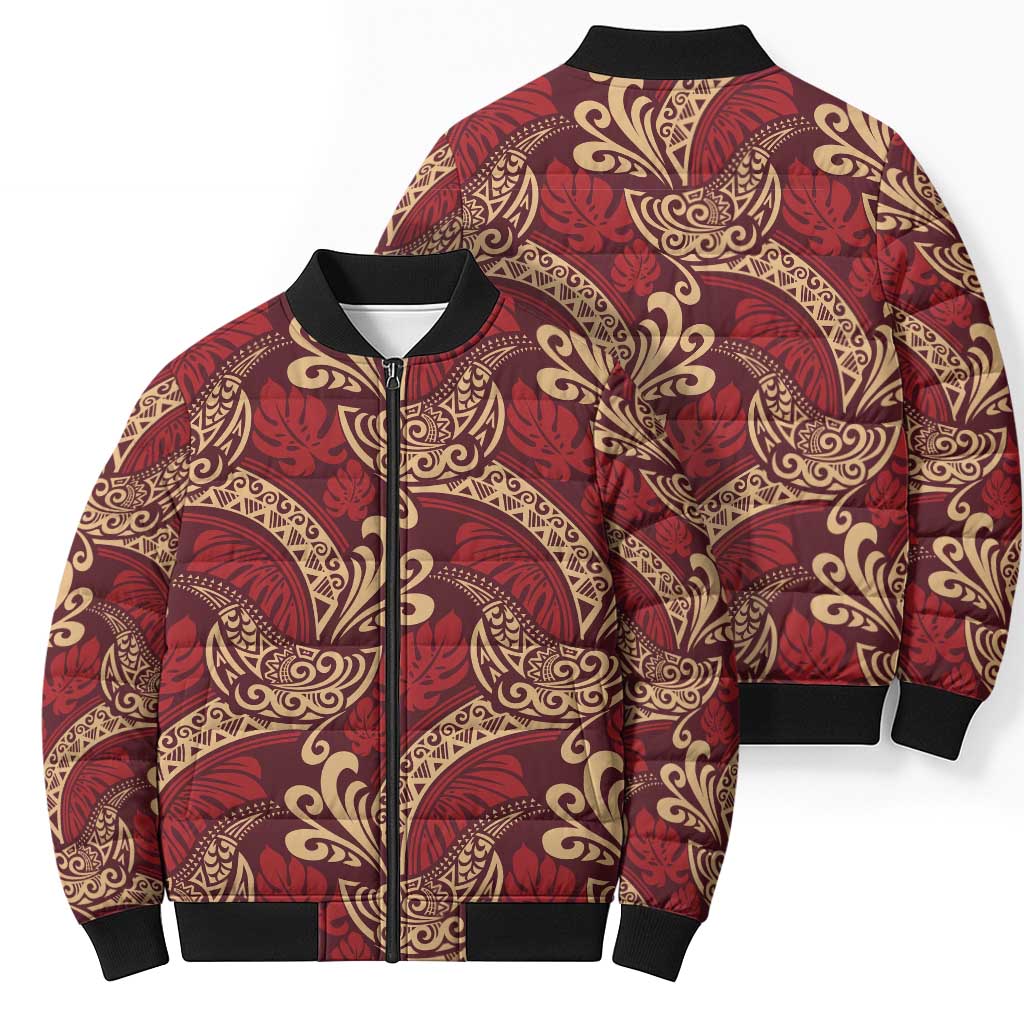 Luxury Red Monstera Bomber Puffer Jacket Polynesian Tribal Pattern - Polynesian Pride