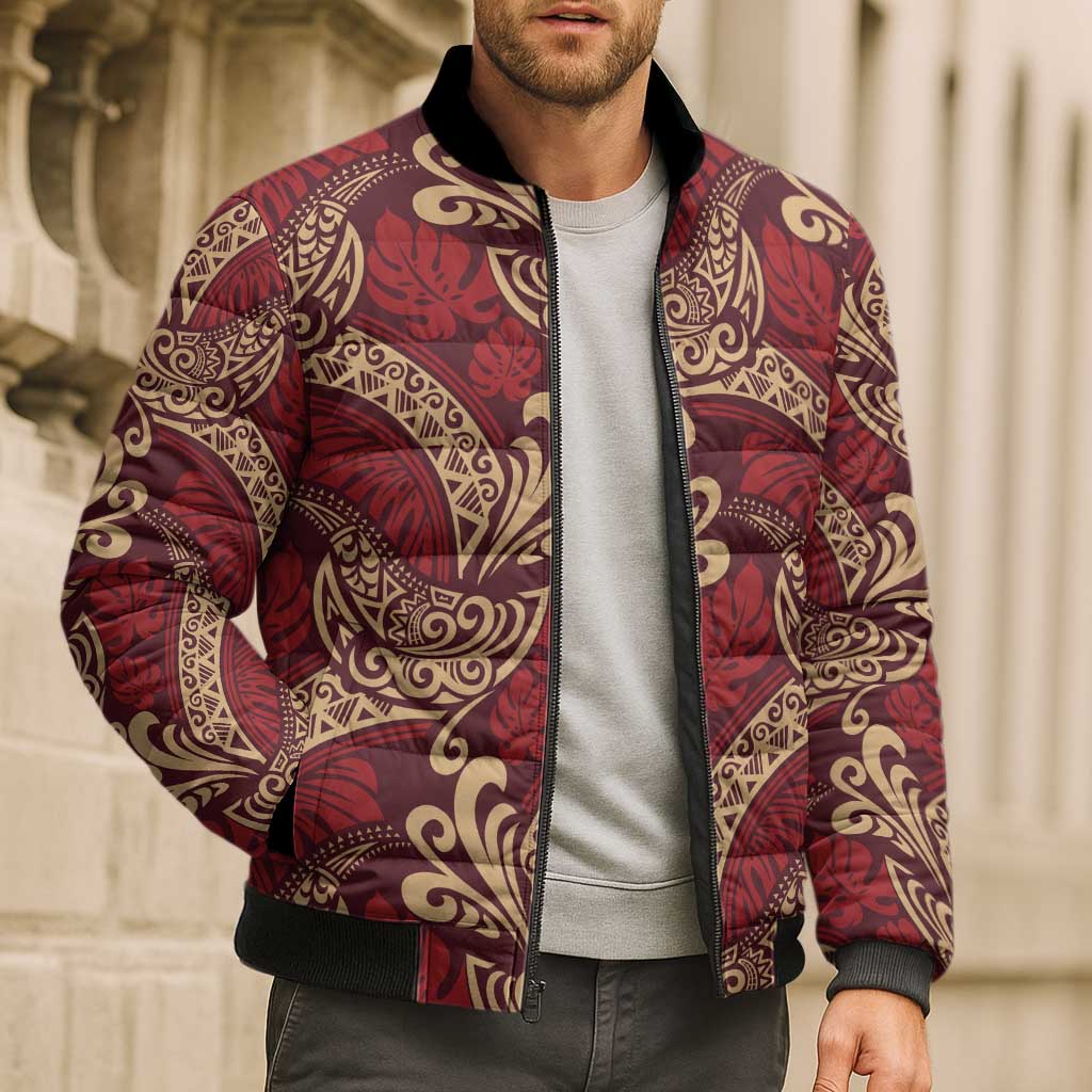 Luxury Red Monstera Bomber Puffer Jacket Polynesian Tribal Pattern - Polynesian Pride