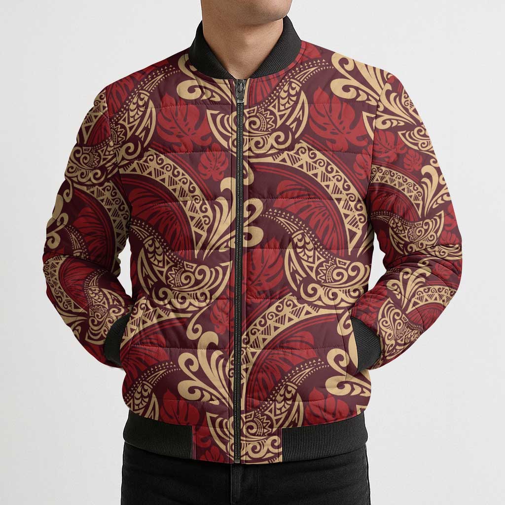 Luxury Red Monstera Bomber Puffer Jacket Polynesian Tribal Pattern - Polynesian Pride
