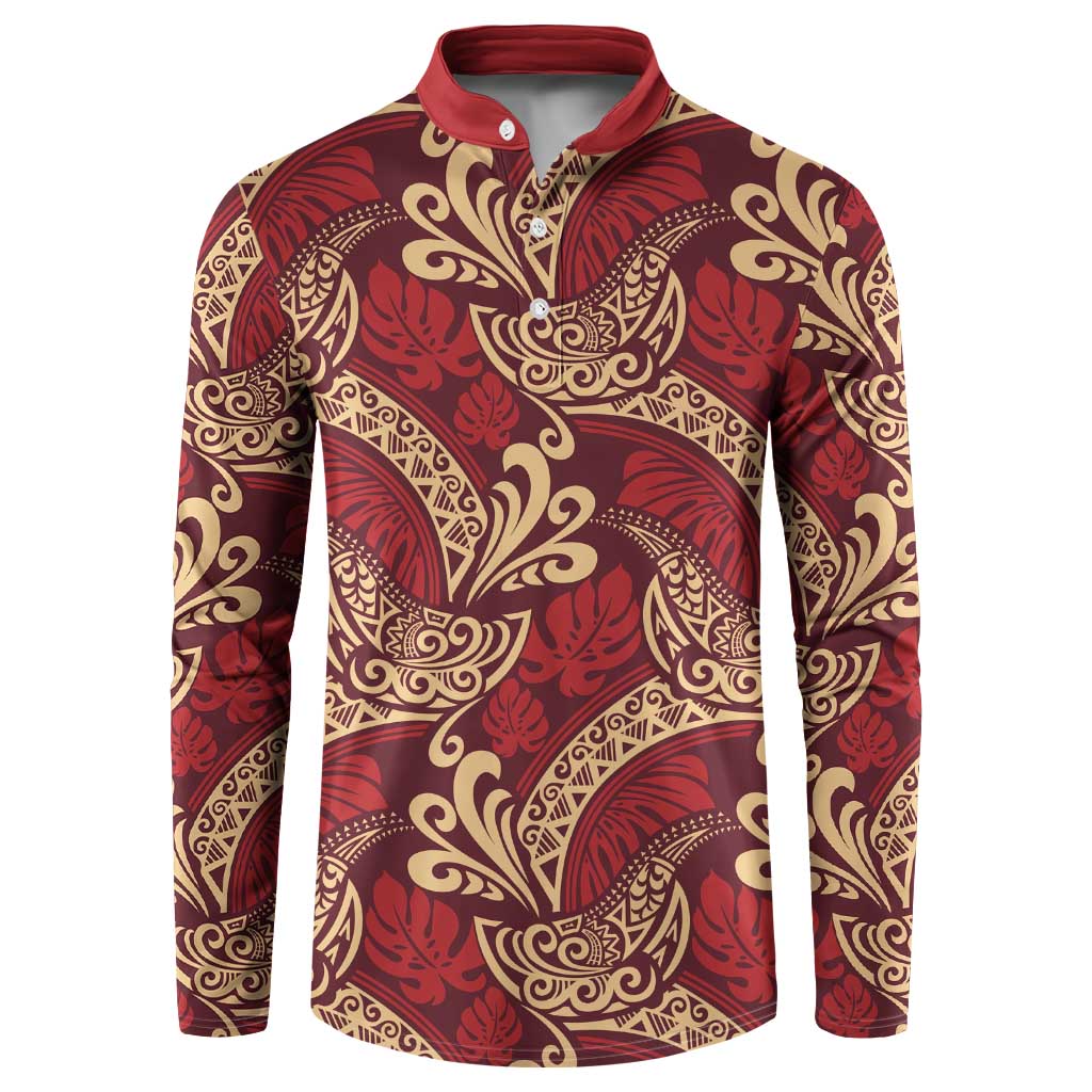 Luxury Red Monstera Button Sweatshirt Polynesian Tribal Pattern - Polynesian Pride