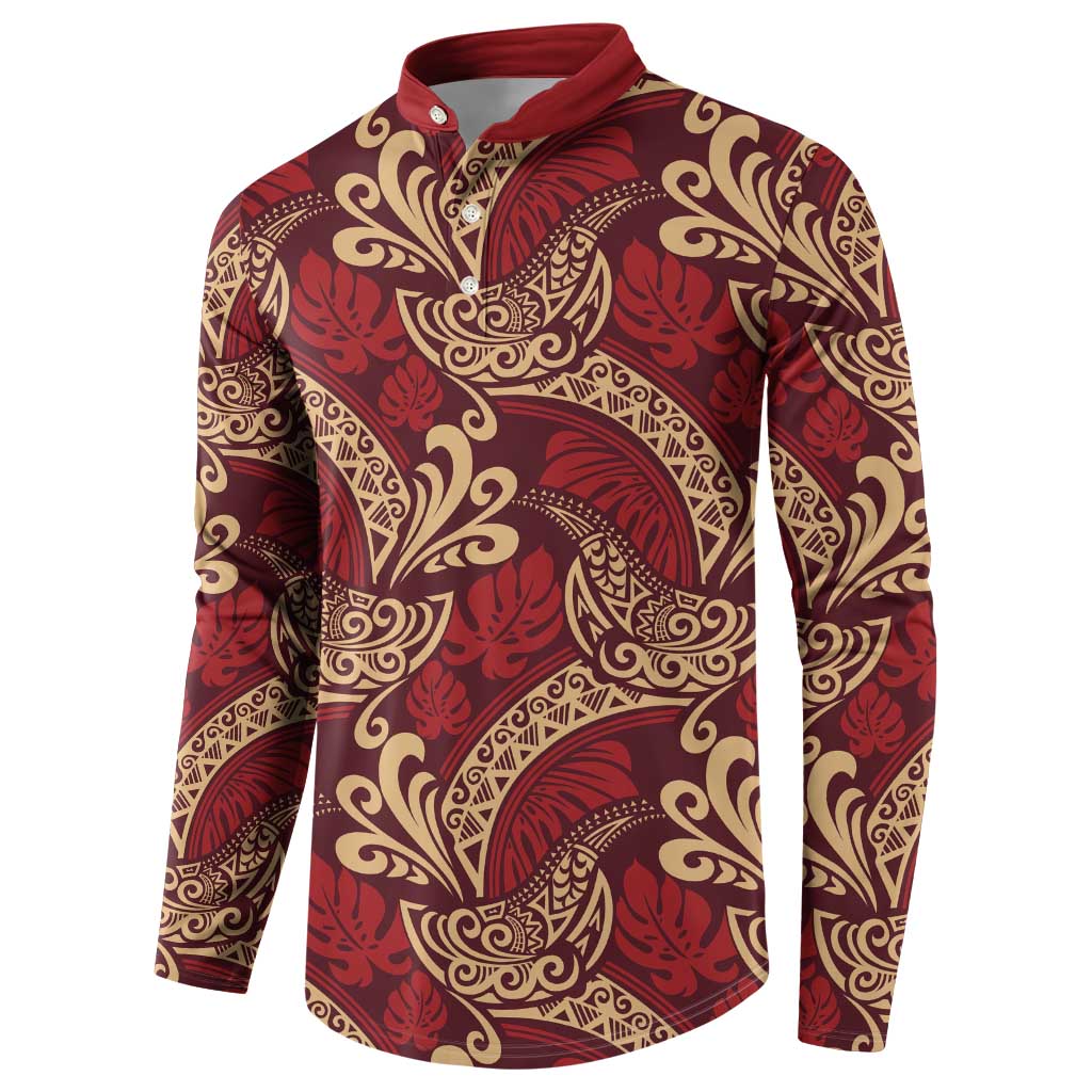 Luxury Red Monstera Button Sweatshirt Polynesian Tribal Pattern - Polynesian Pride