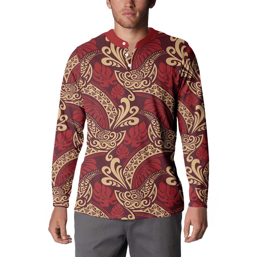 Luxury Red Monstera Button Sweatshirt Polynesian Tribal Pattern - Polynesian Pride