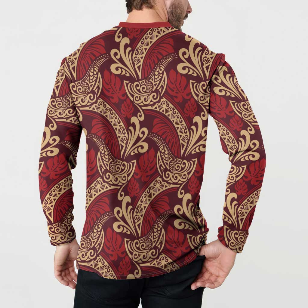 Luxury Red Monstera Button Sweatshirt Polynesian Tribal Pattern - Polynesian Pride