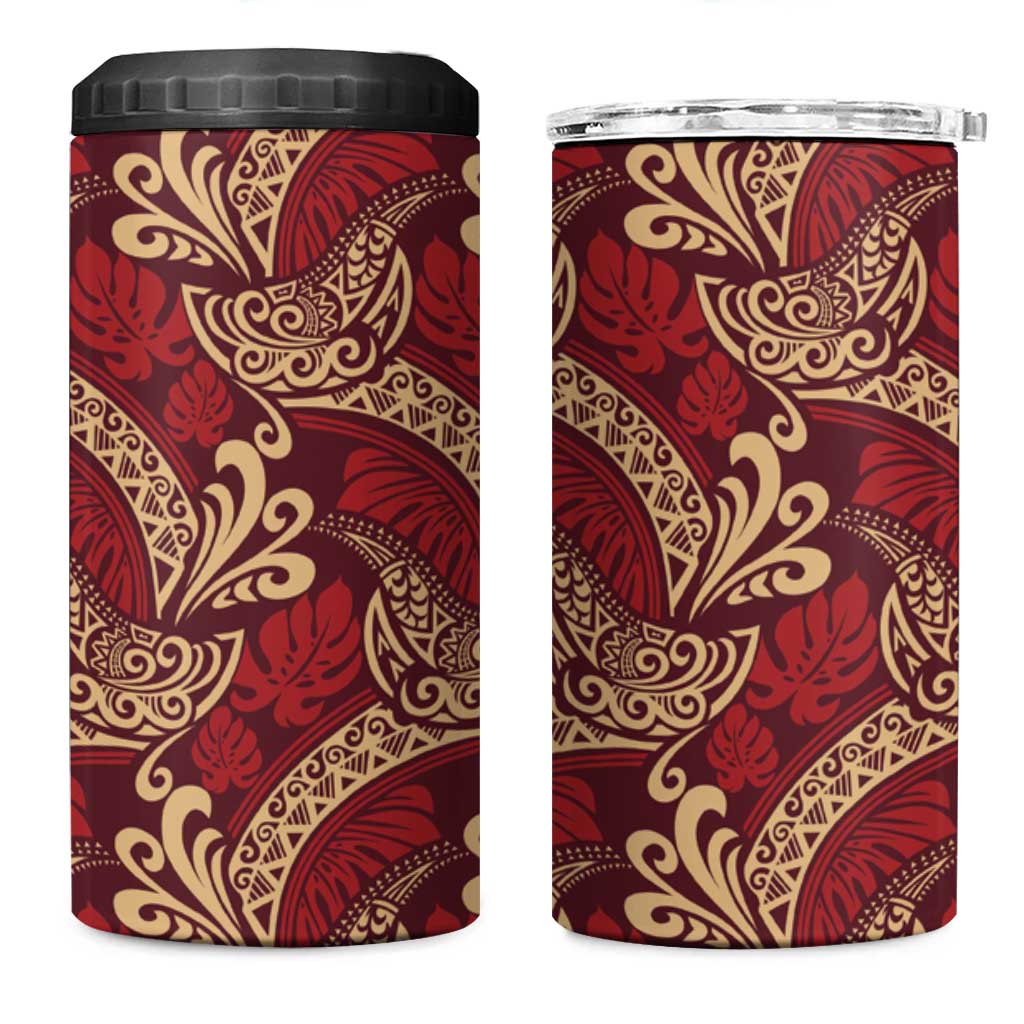 Luxury Red Monstera 4 in 1 Can Cooler Tumbler Polynesian Tribal Pattern - Polynesian Pride