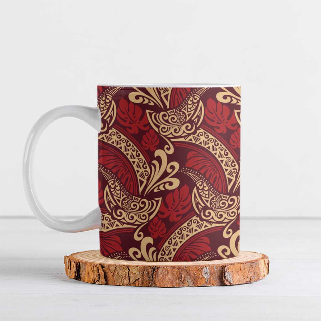Luxury Red Monstera Ceramic Mug Polynesian Tribal Pattern - Polynesian Pride