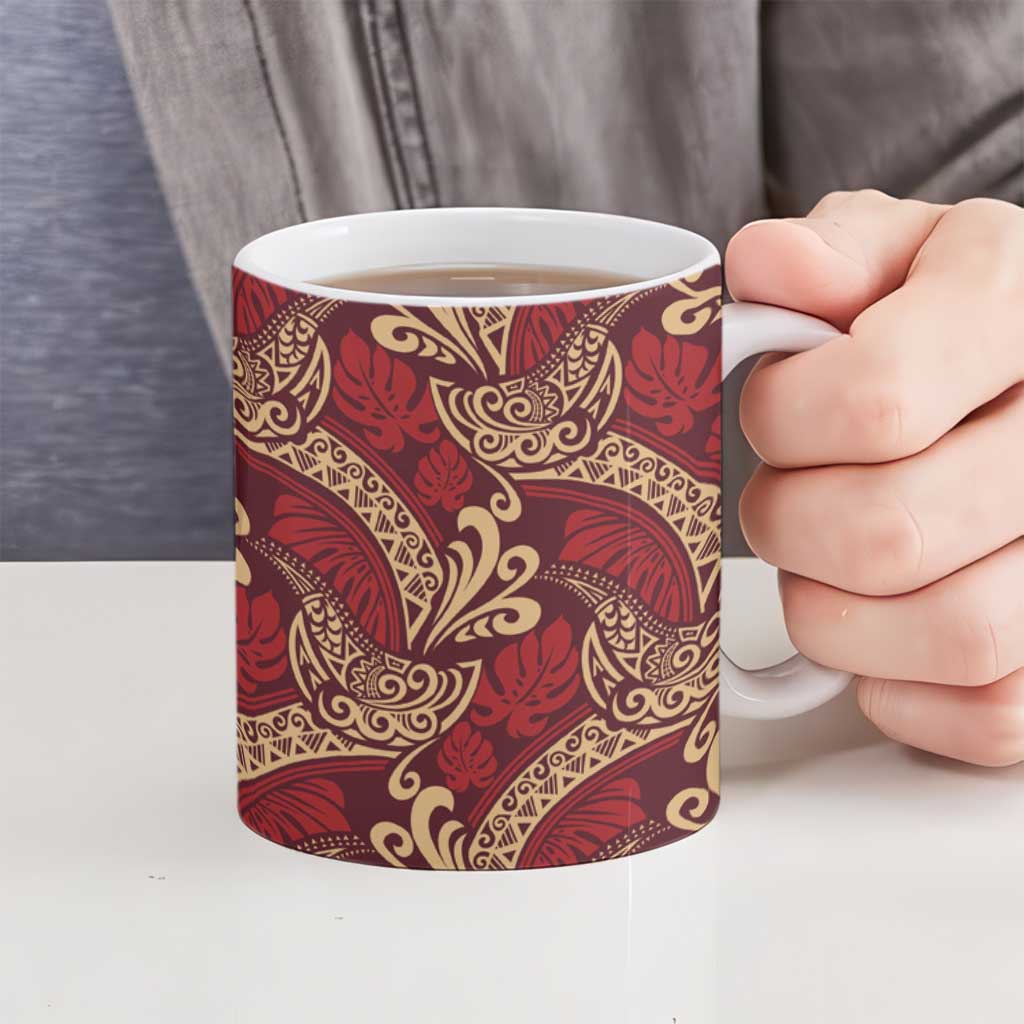 Luxury Red Monstera Ceramic Mug Polynesian Tribal Pattern - Polynesian Pride