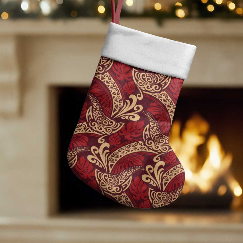Luxury Red Monstera Christmas Stocking Polynesian Tribal Pattern - Polynesian Pride