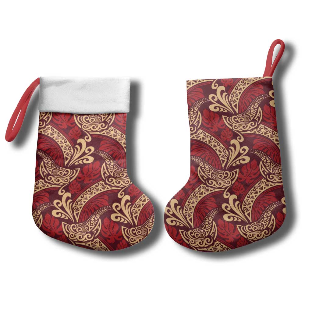Luxury Red Monstera Christmas Stocking Polynesian Tribal Pattern - Polynesian Pride