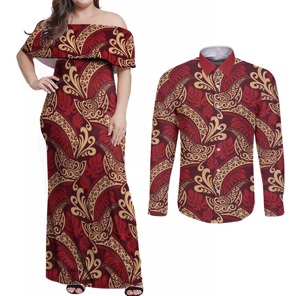 Luxury Red Monstera Couples Matching Off Shoulder Maxi Dress and Long Sleeve Button Shirt Polynesian Tribal Pattern - Polynesian Pride