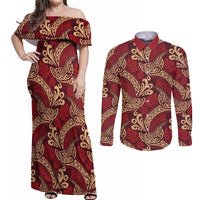 Luxury Red Monstera Couples Matching Off Shoulder Maxi Dress and Long Sleeve Button Shirt Polynesian Tribal Pattern - Polynesian Pride