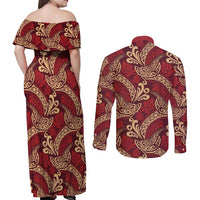Luxury Red Monstera Couples Matching Off Shoulder Maxi Dress and Long Sleeve Button Shirt Polynesian Tribal Pattern - Polynesian Pride