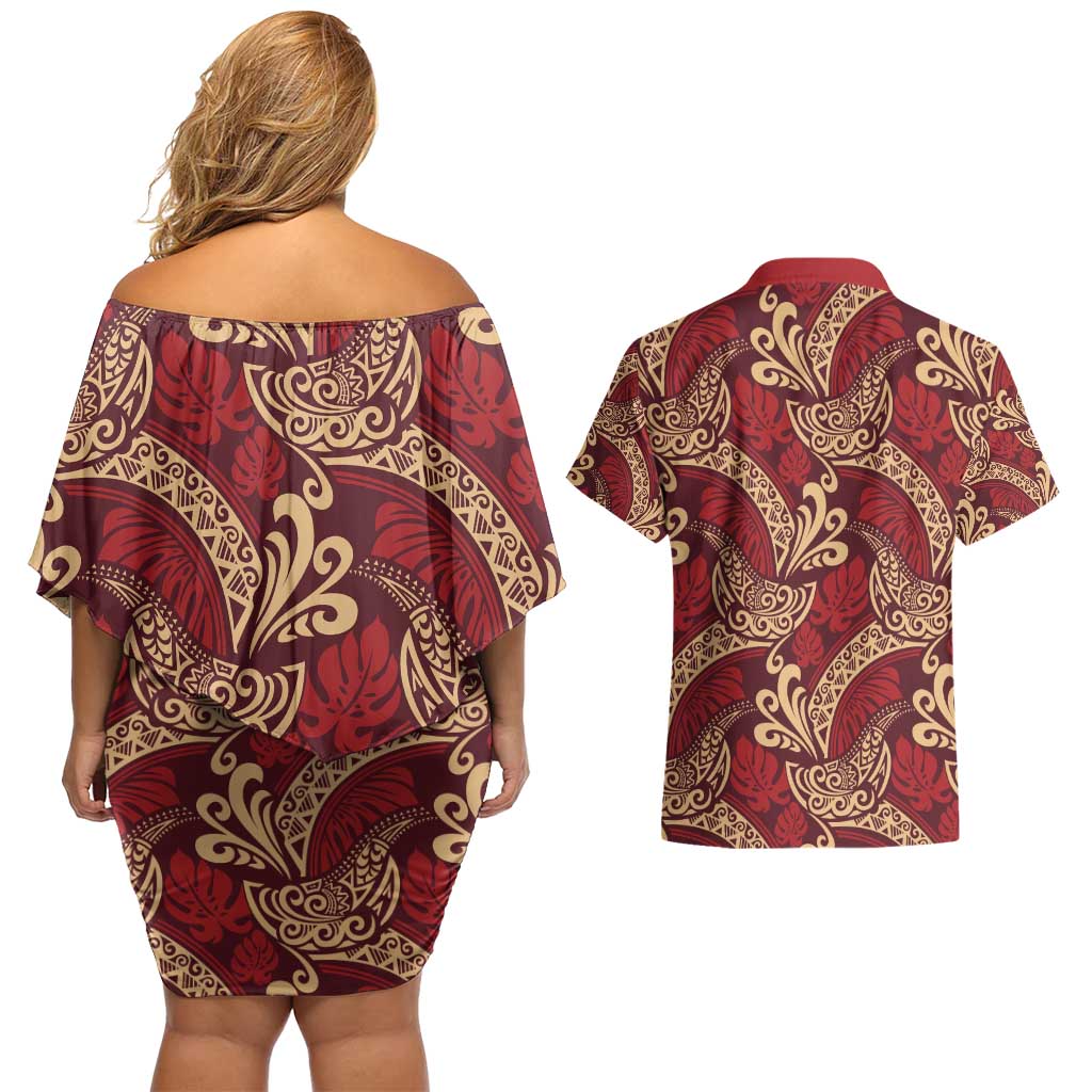 Luxury Red Monstera Couples Matching Off Shoulder Short Dress and Hawaiian Shirt Polynesian Tribal Pattern - Polynesian Pride