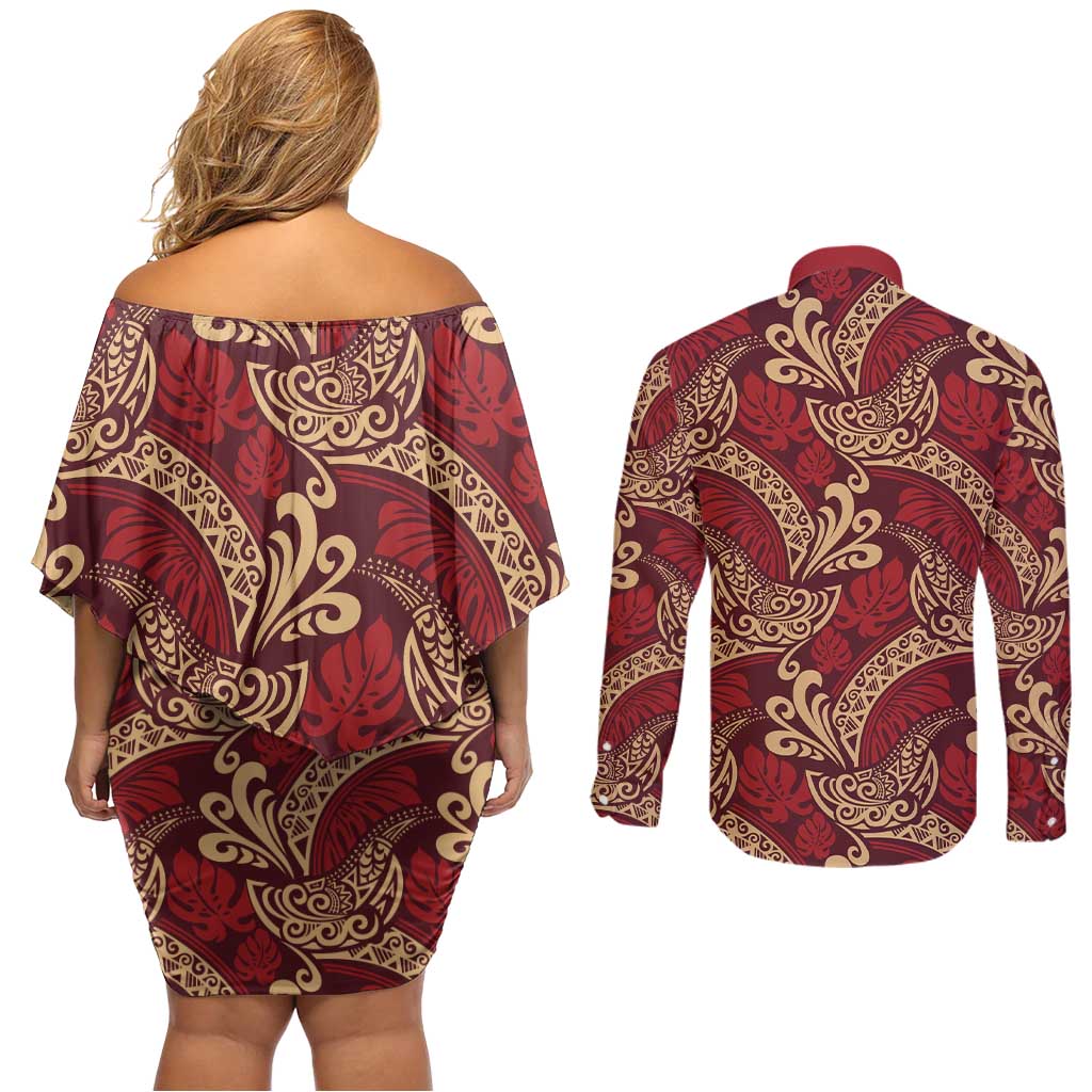 Luxury Red Monstera Couples Matching Off Shoulder Short Dress and Long Sleeve Button Shirt Polynesian Tribal Pattern - Polynesian Pride
