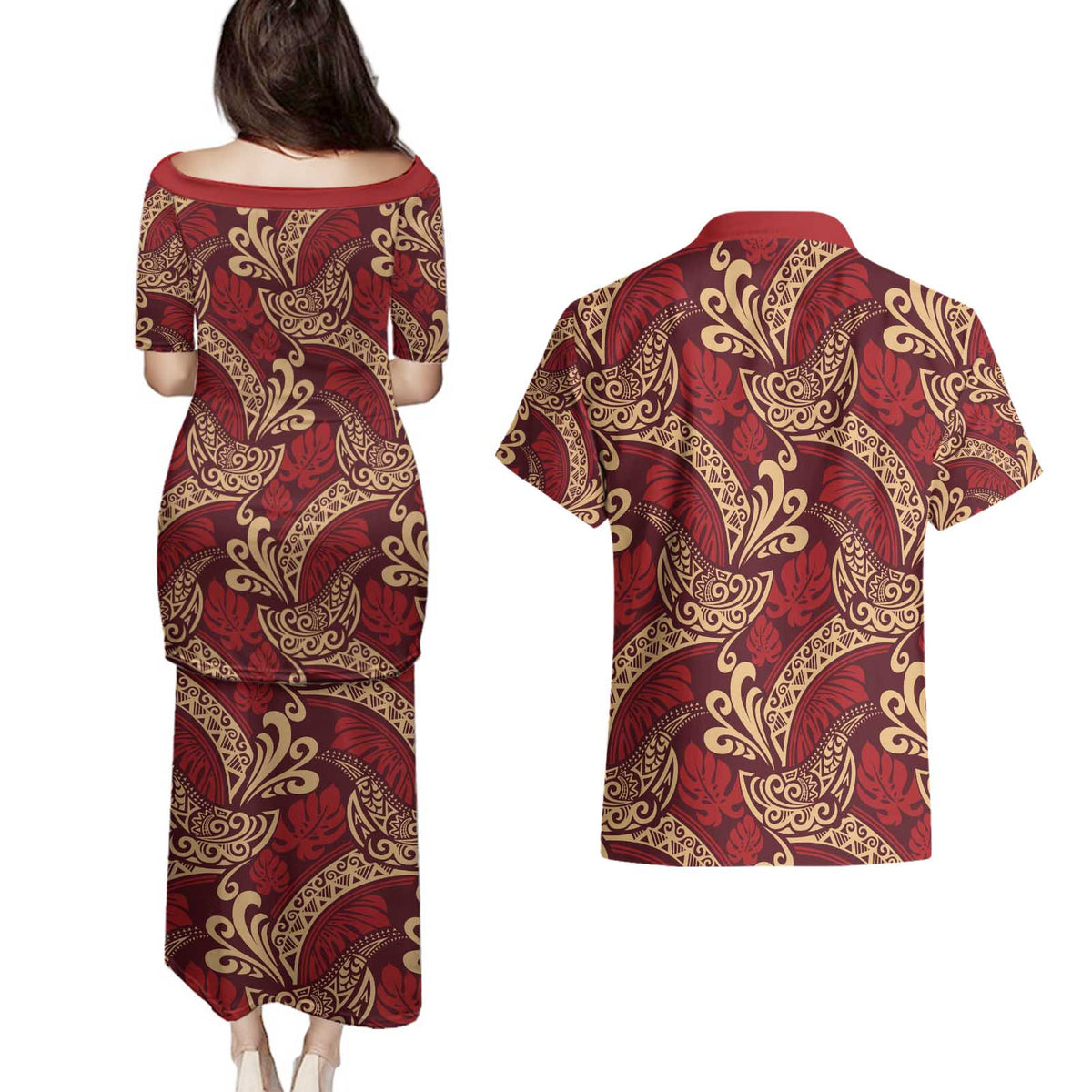Luxury Red Monstera Couples Matching Puletasi and Hawaiian Shirt Polynesian Tribal Pattern - Polynesian Pride