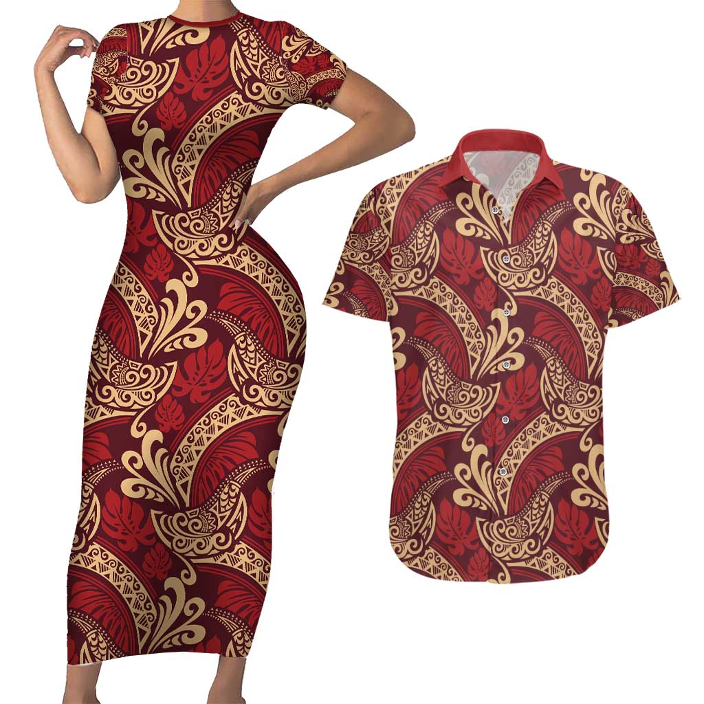 Luxury Red Monstera Couples Matching Short Sleeve Bodycon Dress and Hawaiian Shirt Polynesian Tribal Pattern - Polynesian Pride