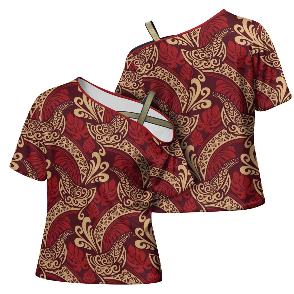 Luxury Red Monstera Cross Shoulder Shirt Polynesian Tribal Pattern - Polynesian Pride