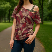 Luxury Red Monstera Cross Shoulder Shirt Polynesian Tribal Pattern - Polynesian Pride
