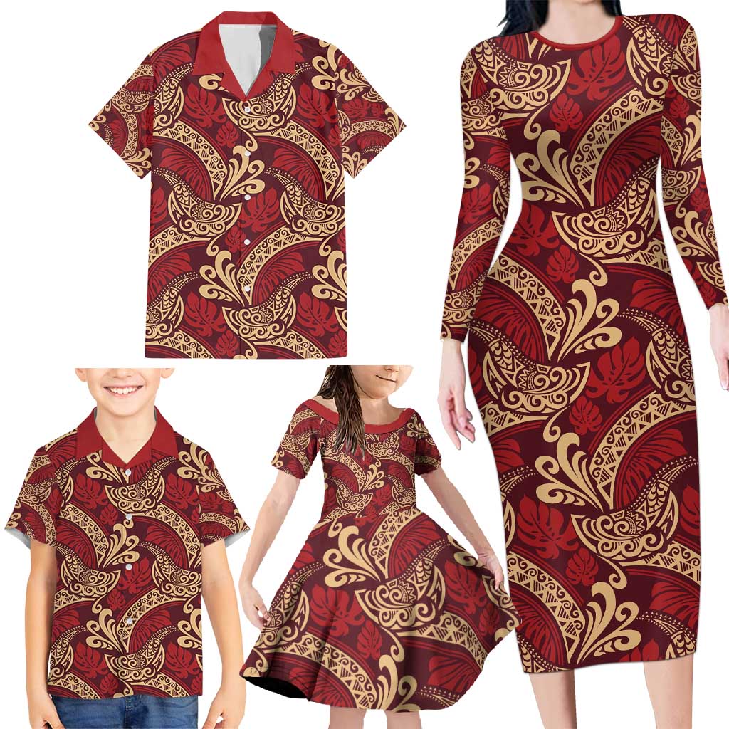 Luxury Red Monstera Family Matching Long Sleeve Bodycon Dress and Hawaiian Shirt Polynesian Tribal Pattern - Polynesian Pride