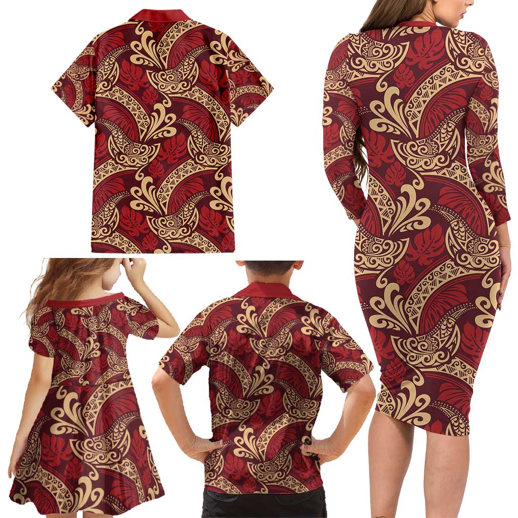 Luxury Red Monstera Family Matching Long Sleeve Bodycon Dress and Hawaiian Shirt Polynesian Tribal Pattern - Polynesian Pride