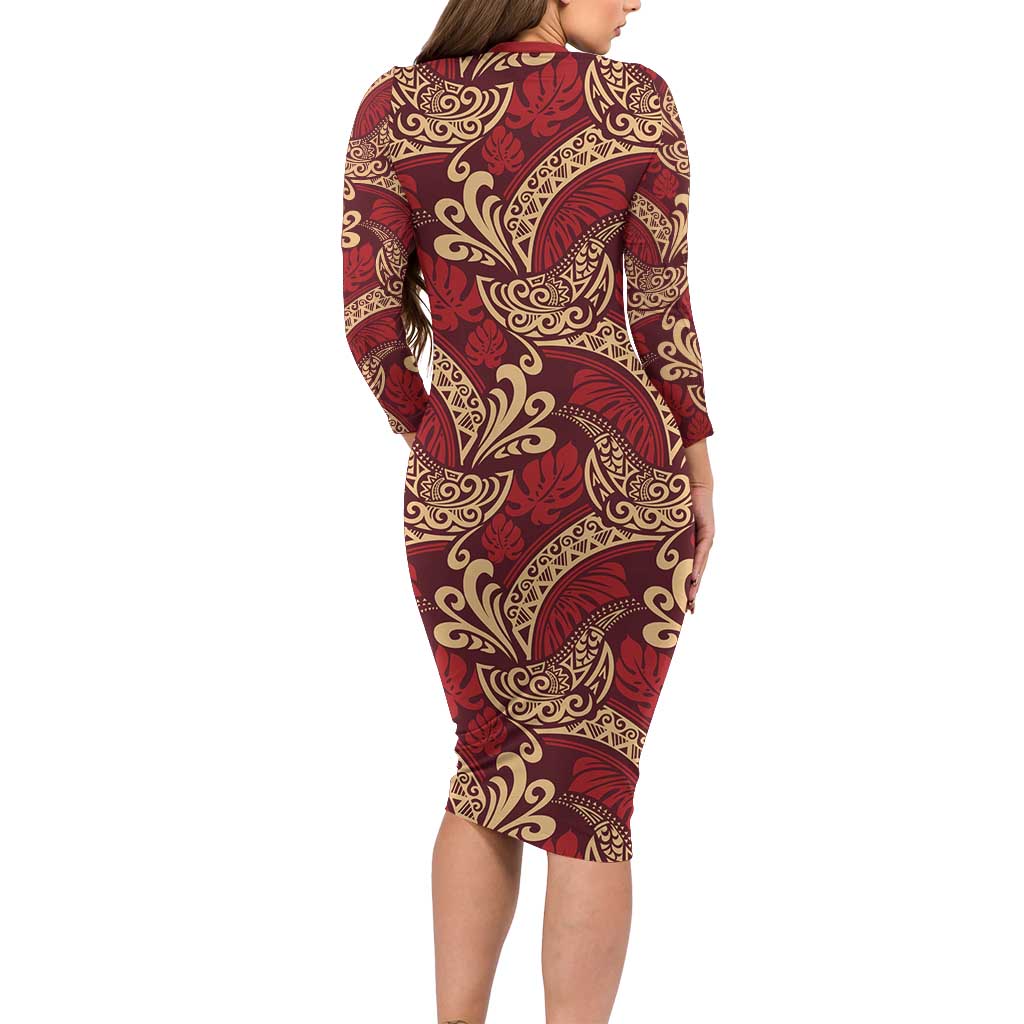 Luxury Red Monstera Family Matching Long Sleeve Bodycon Dress and Hawaiian Shirt Polynesian Tribal Pattern - Polynesian Pride
