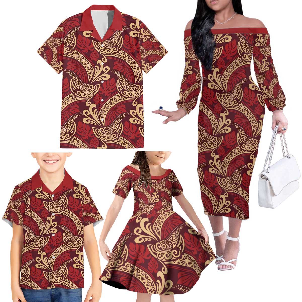 Luxury Red Monstera Family Matching Off The Shoulder Long Sleeve Dress and Hawaiian Shirt Polynesian Tribal Pattern - Polynesian Pride