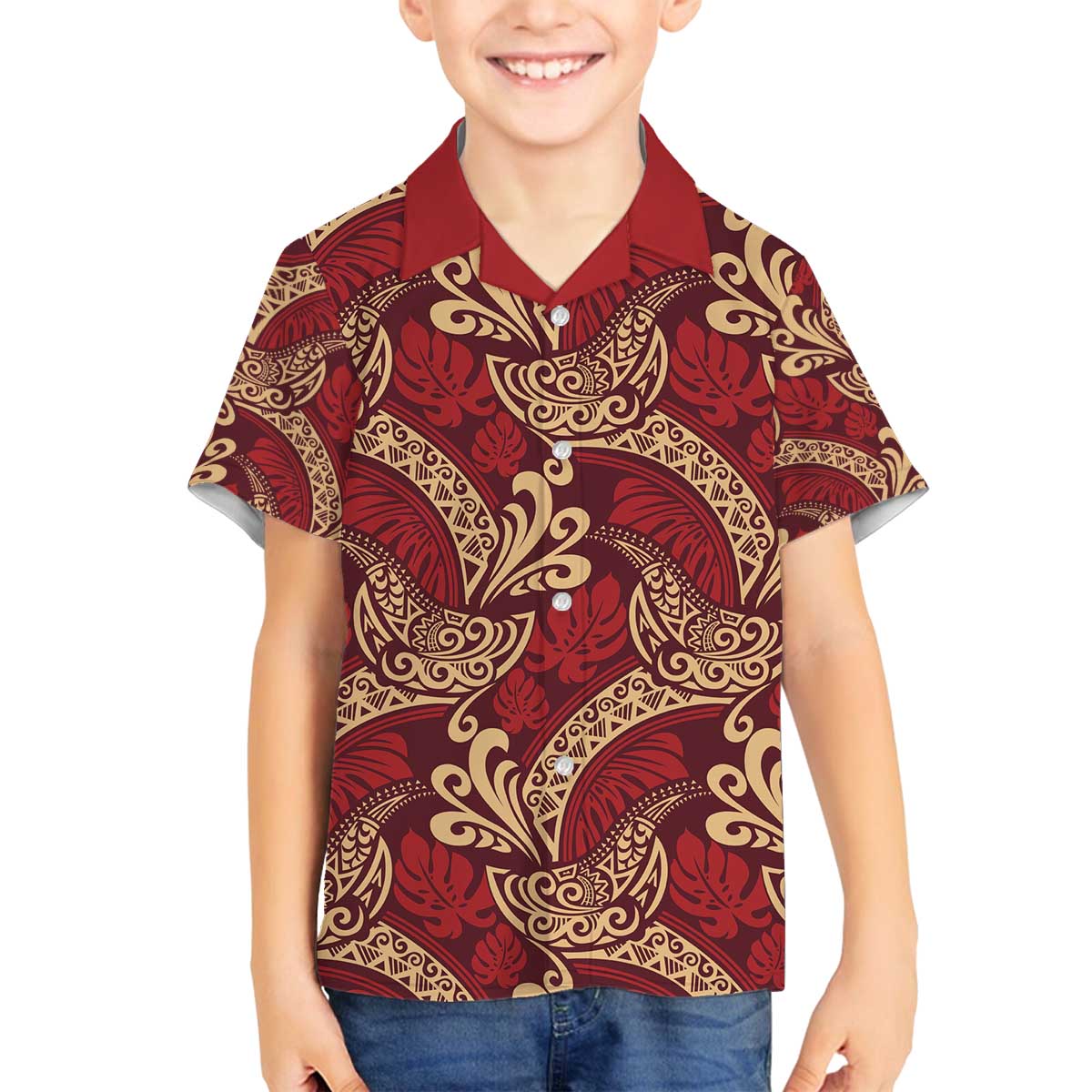 Luxury Red Monstera Family Matching Off The Shoulder Long Sleeve Dress and Hawaiian Shirt Polynesian Tribal Pattern - Polynesian Pride
