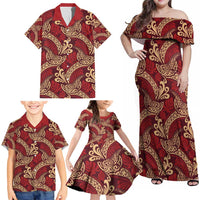 Luxury Red Monstera Family Matching Off Shoulder Maxi Dress and Hawaiian Shirt Polynesian Tribal Pattern - Polynesian Pride