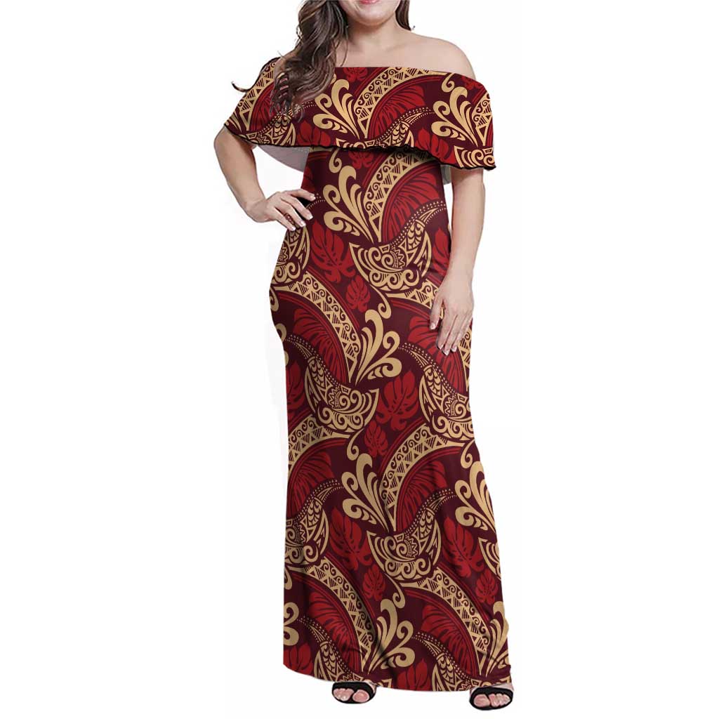 Luxury Red Monstera Family Matching Off Shoulder Maxi Dress and Hawaiian Shirt Polynesian Tribal Pattern - Polynesian Pride