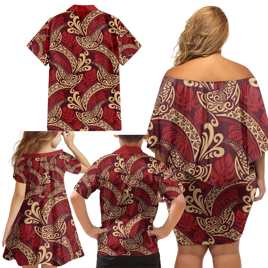 Luxury Red Monstera Family Matching Off Shoulder Short Dress and Hawaiian Shirt Polynesian Tribal Pattern - Polynesian Pride