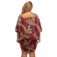 Luxury Red Monstera Family Matching Off Shoulder Short Dress and Hawaiian Shirt Polynesian Tribal Pattern - Polynesian Pride