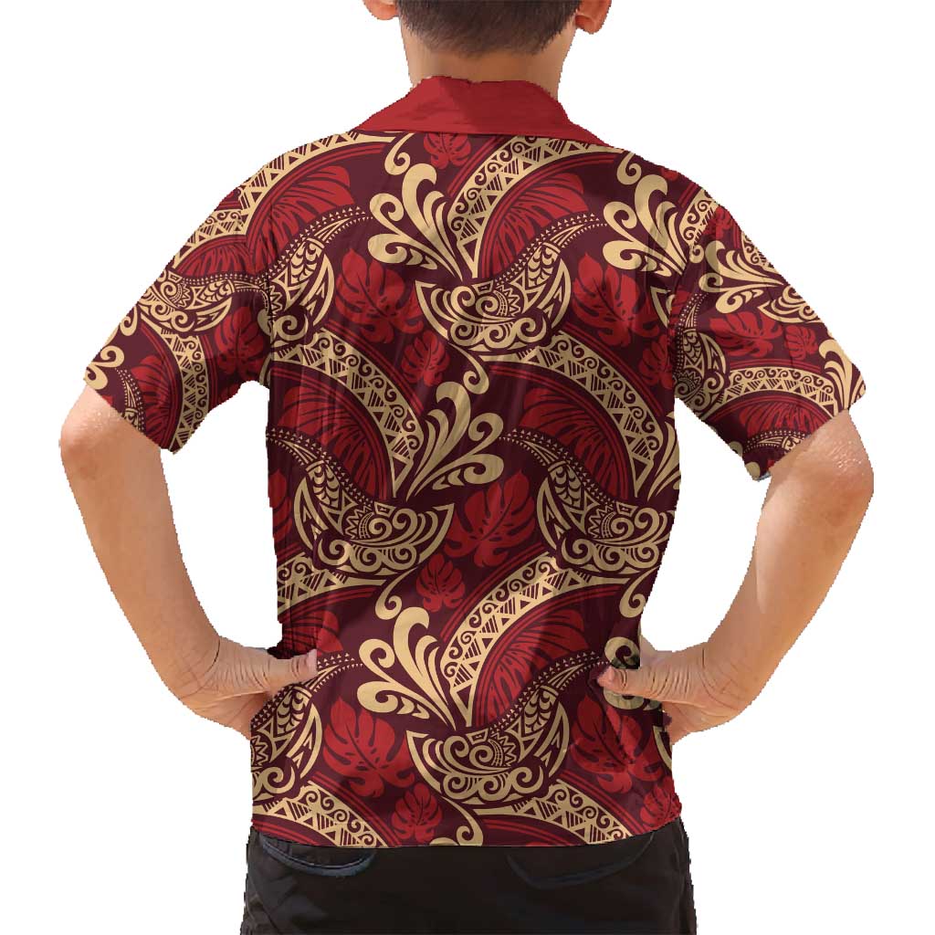 Luxury Red Monstera Family Matching Puletasi and Hawaiian Shirt Polynesian Tribal Pattern - Polynesian Pride