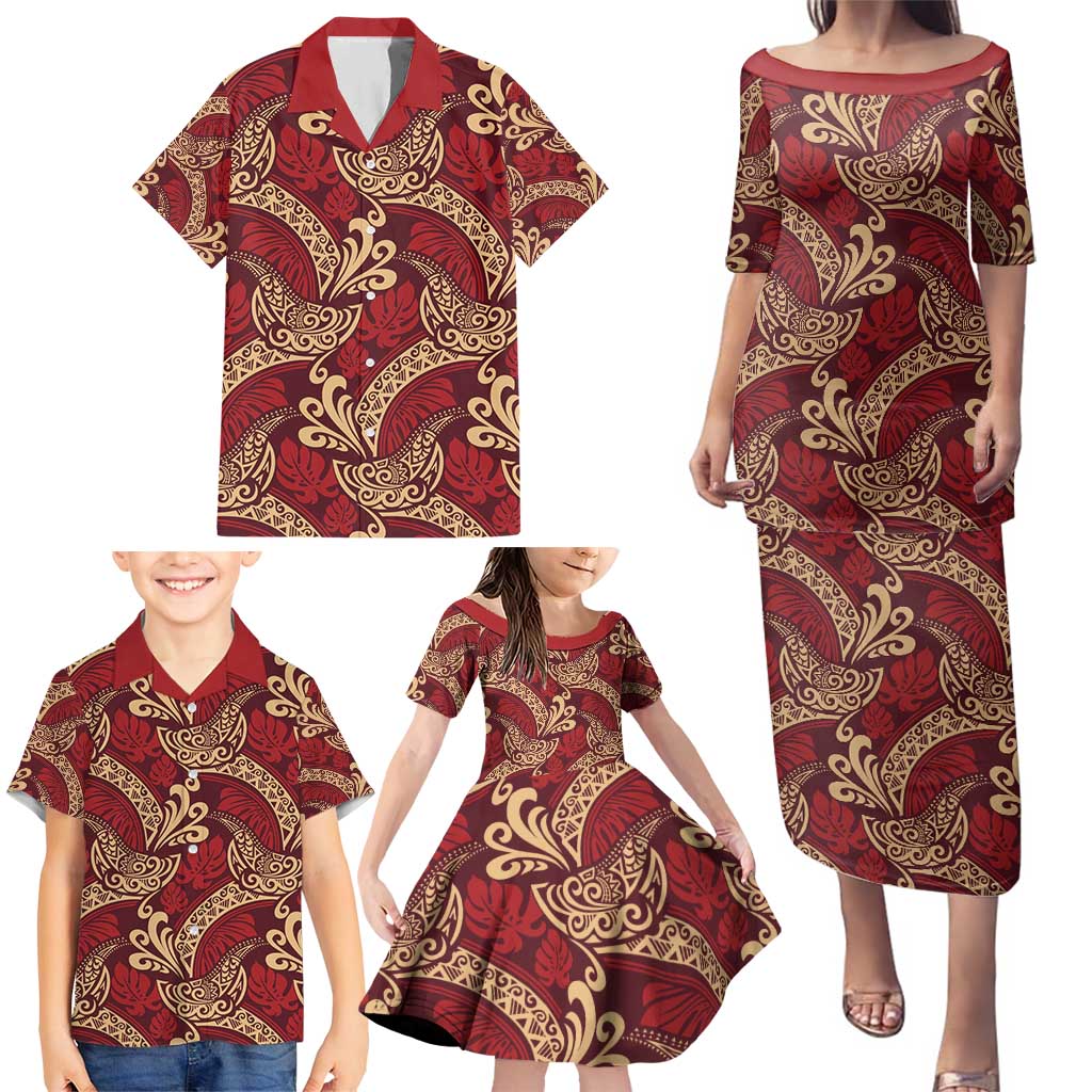 Luxury Red Monstera Family Matching Puletasi and Hawaiian Shirt Polynesian Tribal Pattern - Polynesian Pride