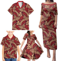 Luxury Red Monstera Family Matching Puletasi and Hawaiian Shirt Polynesian Tribal Pattern - Polynesian Pride