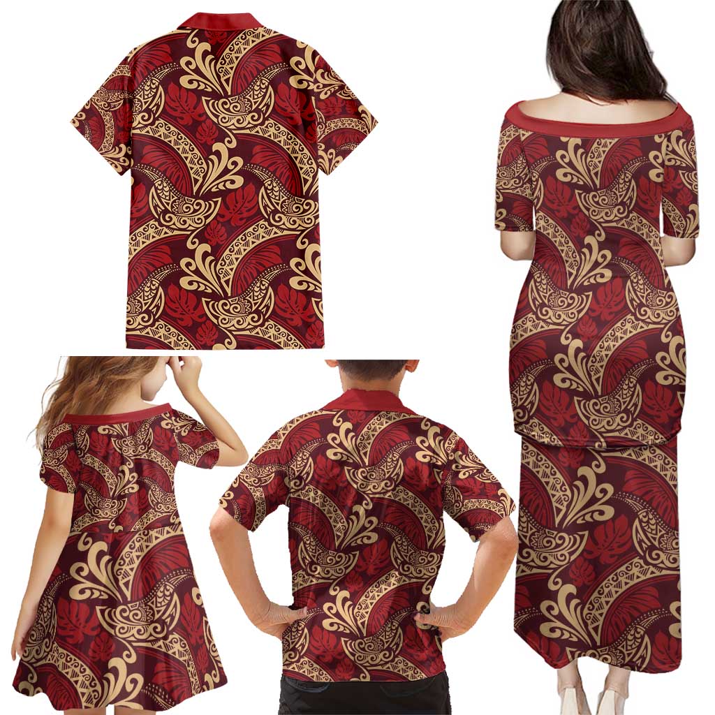 Luxury Red Monstera Family Matching Puletasi and Hawaiian Shirt Polynesian Tribal Pattern - Polynesian Pride