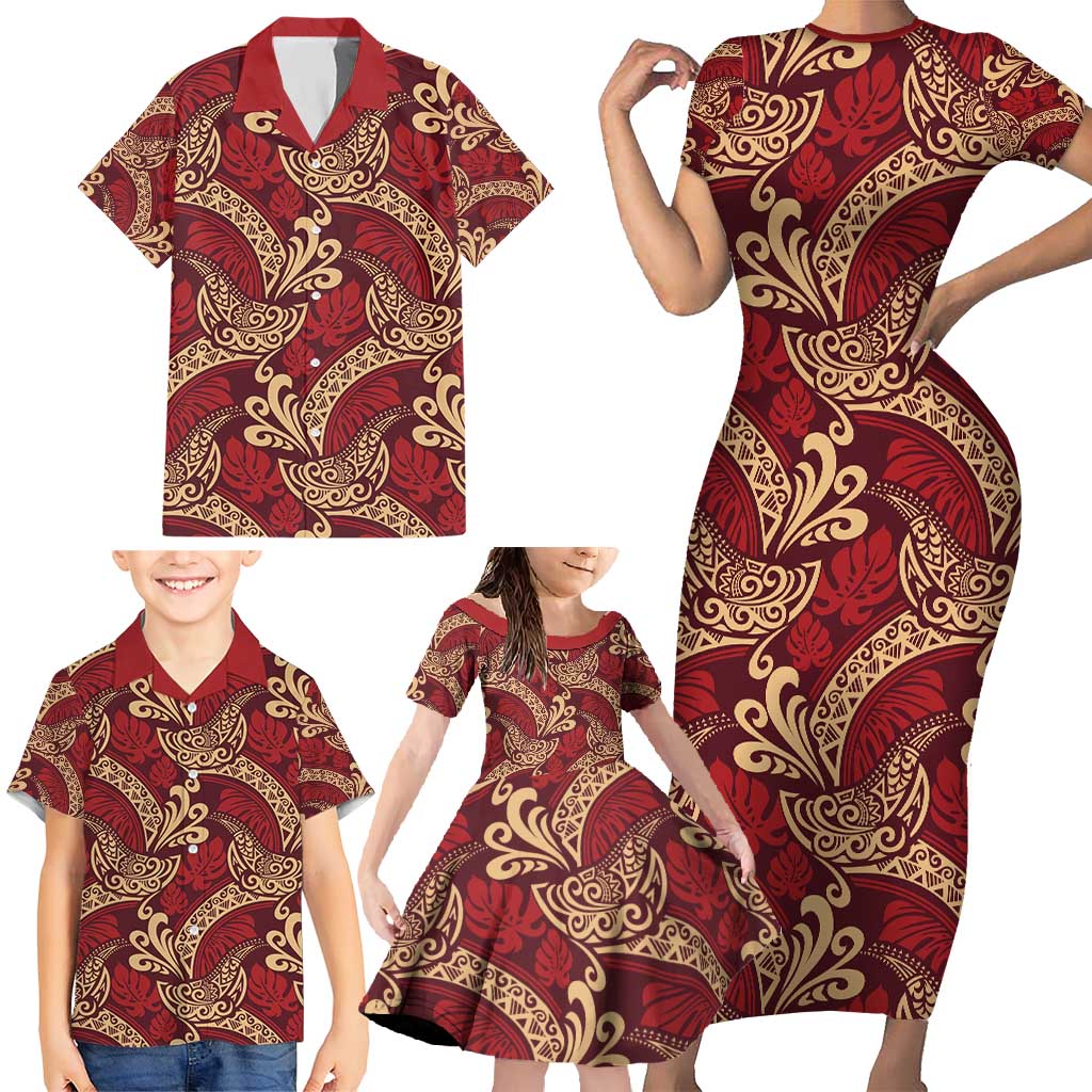 Luxury Red Monstera Family Matching Short Sleeve Bodycon Dress and Hawaiian Shirt Polynesian Tribal Pattern - Polynesian Pride