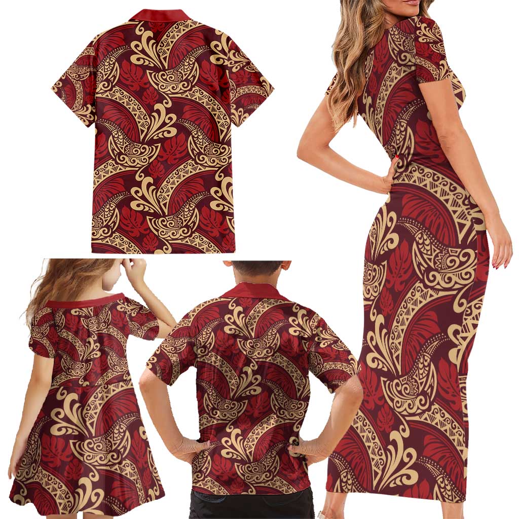 Luxury Red Monstera Family Matching Short Sleeve Bodycon Dress and Hawaiian Shirt Polynesian Tribal Pattern - Polynesian Pride