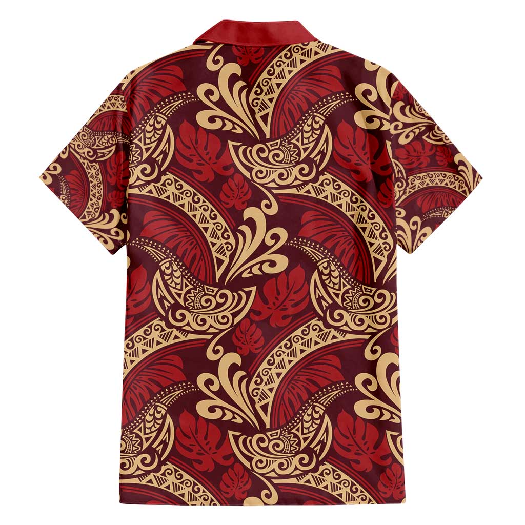 Luxury Red Monstera Family Matching Short Sleeve Bodycon Dress and Hawaiian Shirt Polynesian Tribal Pattern - Polynesian Pride