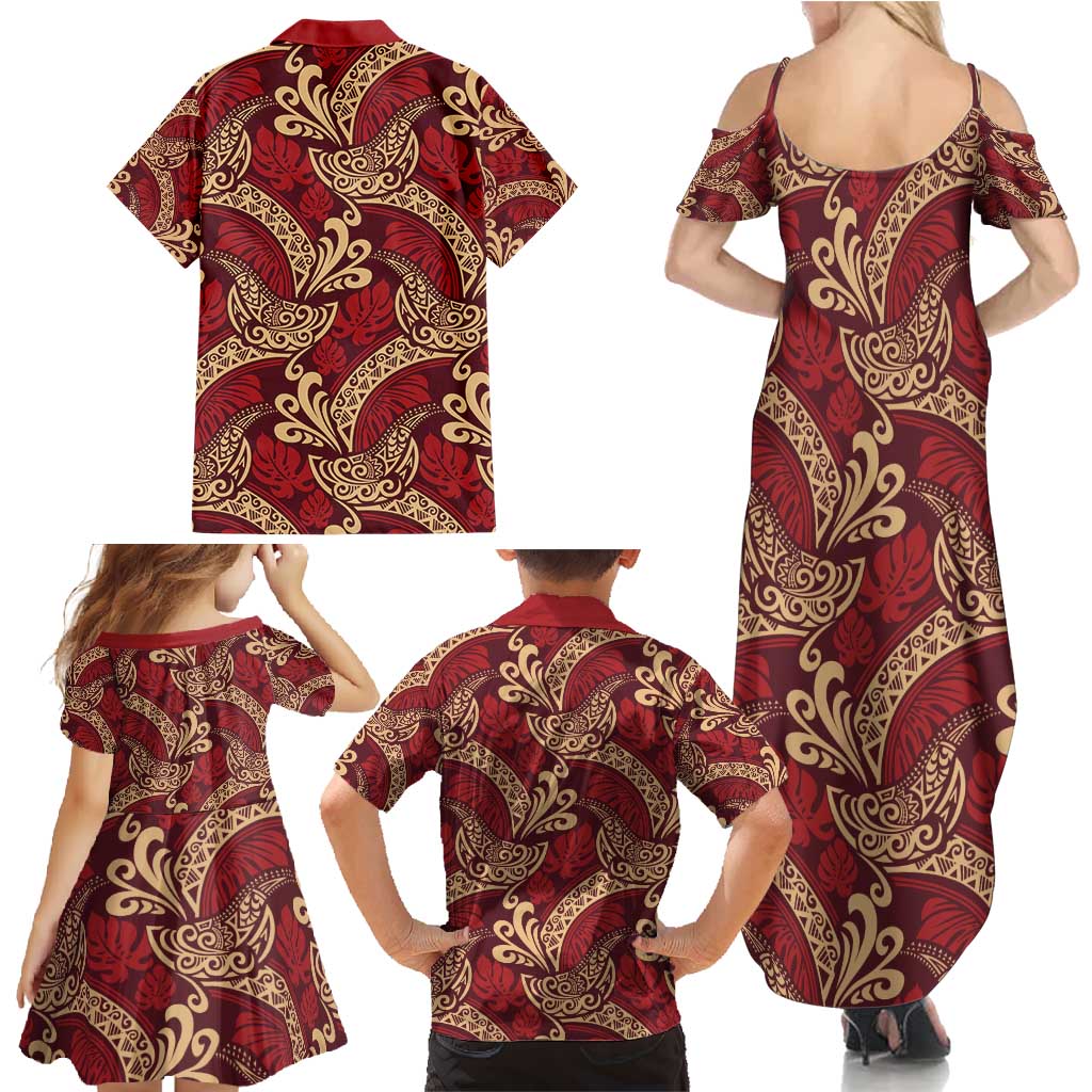 Luxury Red Monstera Family Matching Summer Maxi Dress and Hawaiian Shirt Polynesian Tribal Pattern - Polynesian Pride