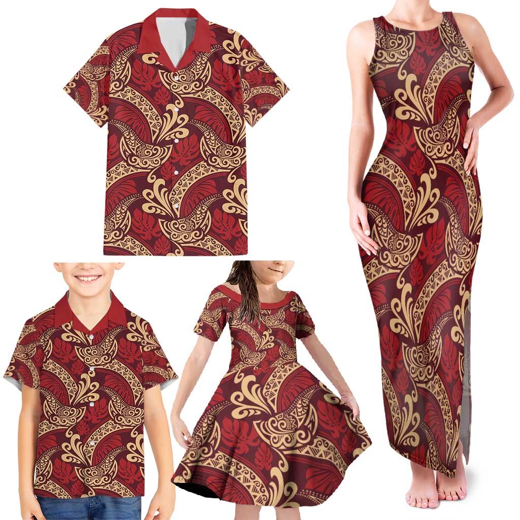 Luxury Red Monstera Family Matching Tank Maxi Dress and Hawaiian Shirt Polynesian Tribal Pattern - Polynesian Pride