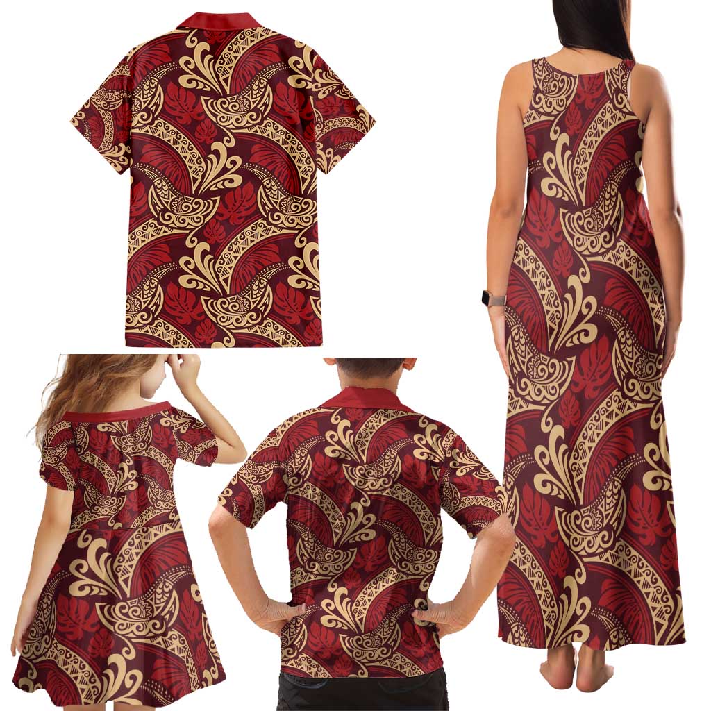 Luxury Red Monstera Family Matching Tank Maxi Dress and Hawaiian Shirt Polynesian Tribal Pattern - Polynesian Pride
