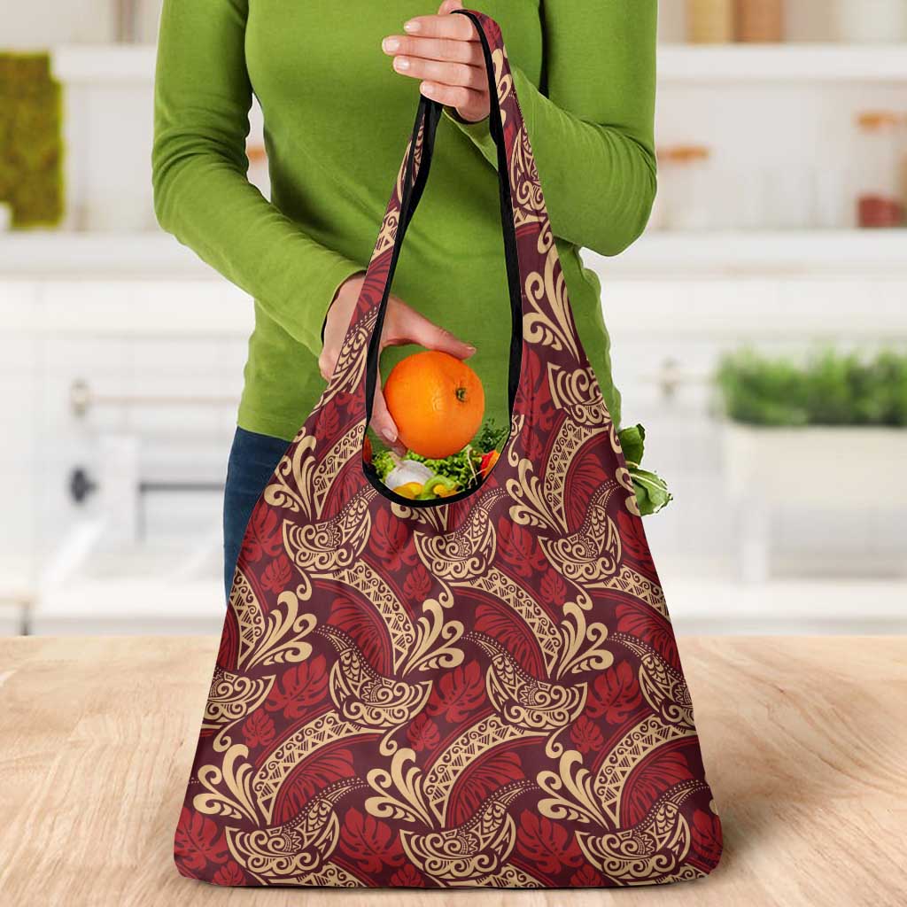 Luxury Red Monstera Grocery Bag Polynesian Tribal Pattern - Polynesian Pride