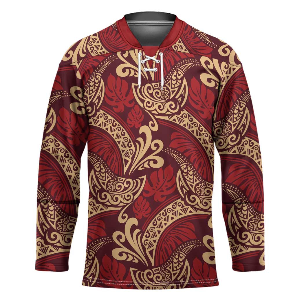 Luxury Red Monstera Hockey Jersey Polynesian Tribal Pattern - Polynesian Pride
