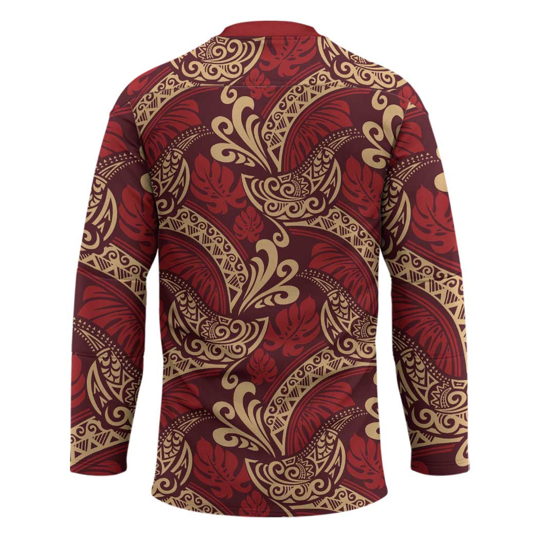 Luxury Red Monstera Hockey Jersey Polynesian Tribal Pattern - Polynesian Pride