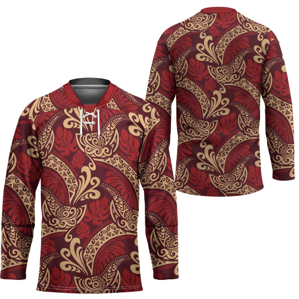 Luxury Red Monstera Hockey Jersey Polynesian Tribal Pattern - Polynesian Pride