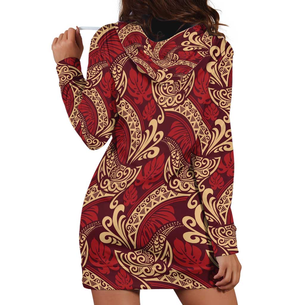 Luxury Red Monstera Hoodie Dress Polynesian Tribal Pattern - Polynesian Pride