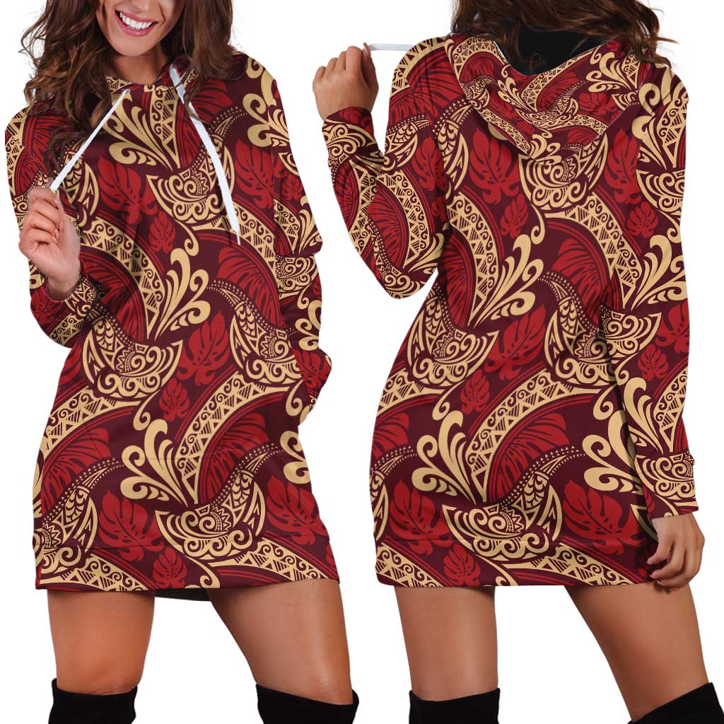 Luxury Red Monstera Hoodie Dress Polynesian Tribal Pattern - Polynesian Pride