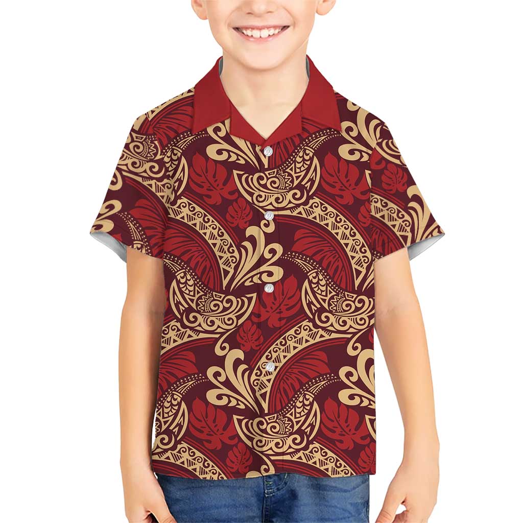 Luxury Red Monstera Kid Hawaiian Shirt Polynesian Tribal Pattern - Polynesian Pride