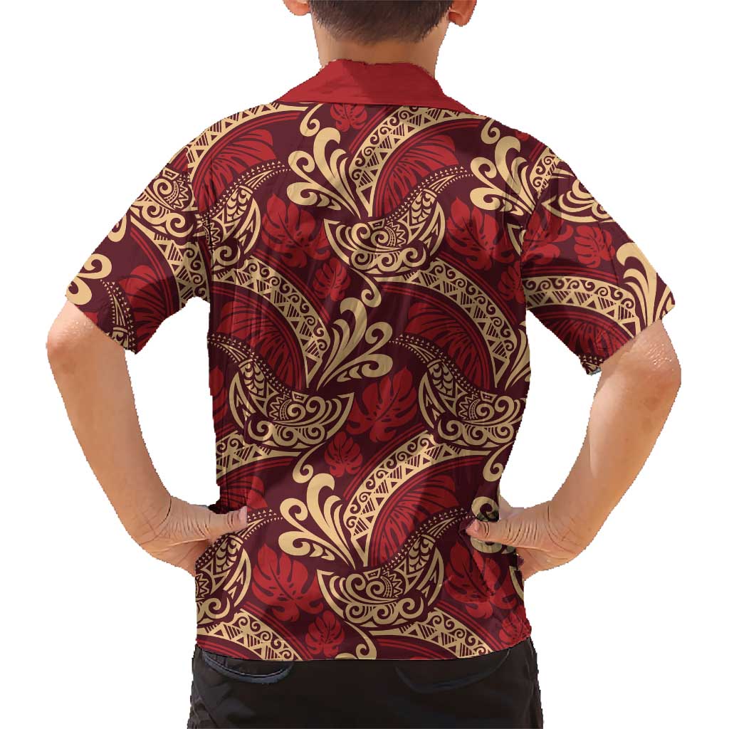 Luxury Red Monstera Kid Hawaiian Shirt Polynesian Tribal Pattern - Polynesian Pride