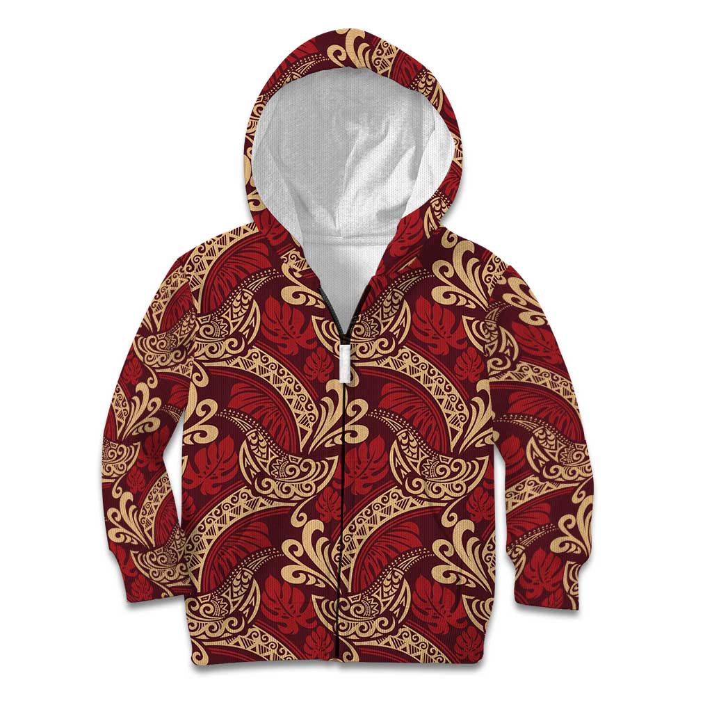 Luxury Red Monstera Kid Hoodie Polynesian Tribal Pattern - Polynesian Pride